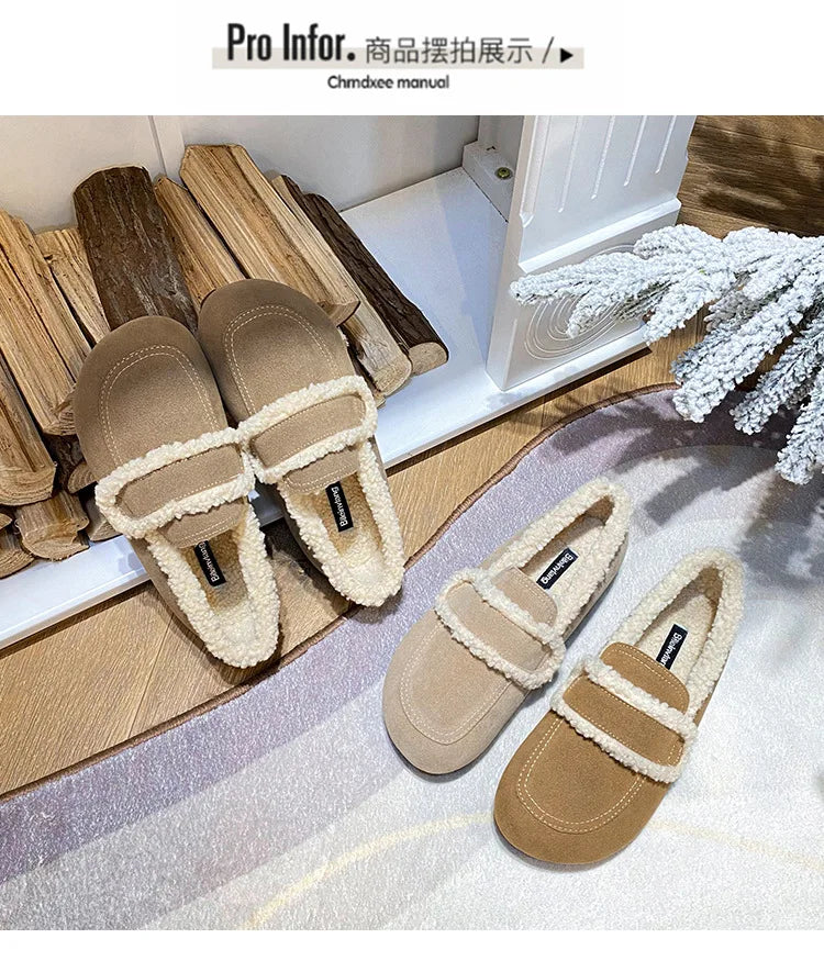 2026 Faux Suede Flats Women Lambswool Loafers Winter Warm Cotton Shoes Ladies Platform Fleeces Mocasines Female Sheep Fur Boots