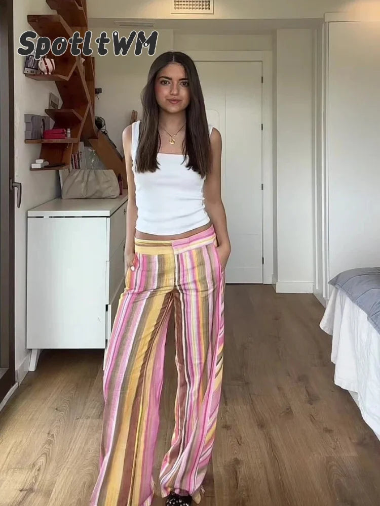 Women‘s Colorful Striped Pant New Summer Straight Multicolor Wide Leg Long Pants Casual Fashion Streetwear Female Outfit 2026