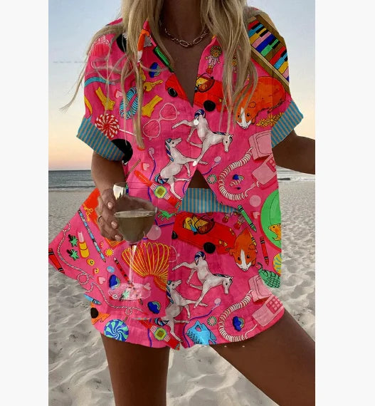 2025 New Summer Vacation Shorts Set 3D Printed Seaside Tropical Casual Lapel Shirt Blouse Top Shorts 2-Piece Suits Beach Holiday