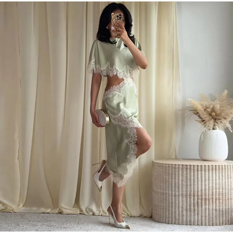 Lightweight Chiffon V-Neck Lace Insert Waist Maxi Dress Cutout Puff Sleeve 2026 Summer Women Party Dress Trendy Chic Lady Outfit