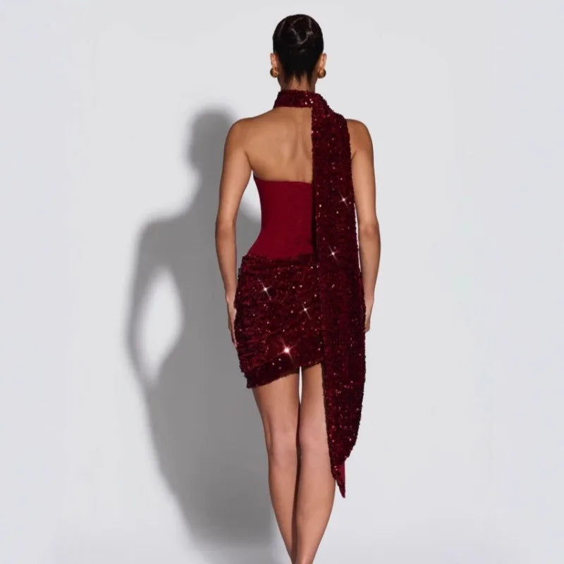 Temperament Beveled Edge with Scarf Splicing Tube Top Spice Girl Dress