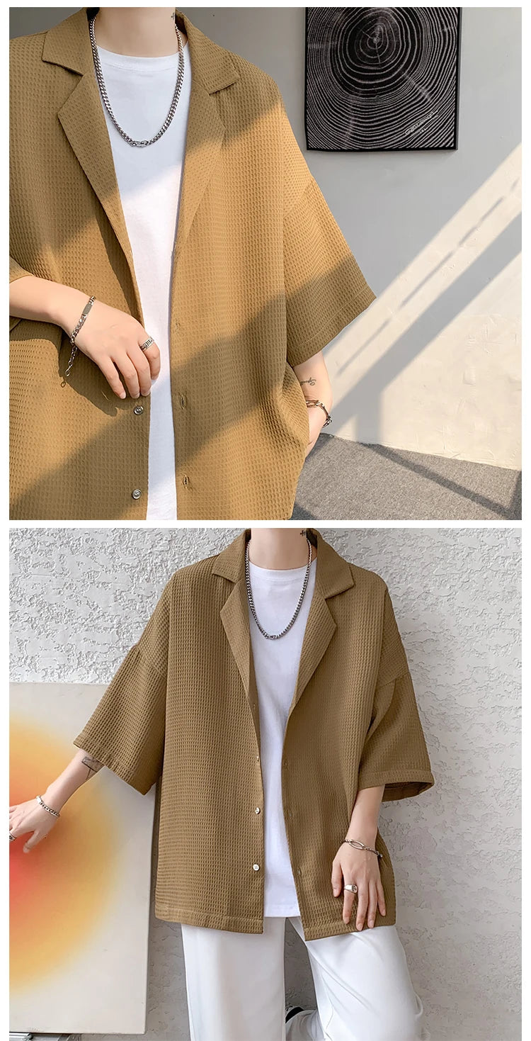LEGIBLE Spring Summer Solid Shirts Men Casual Oversized Three Quarter Shirts Male Loose Fit Shirt for Man