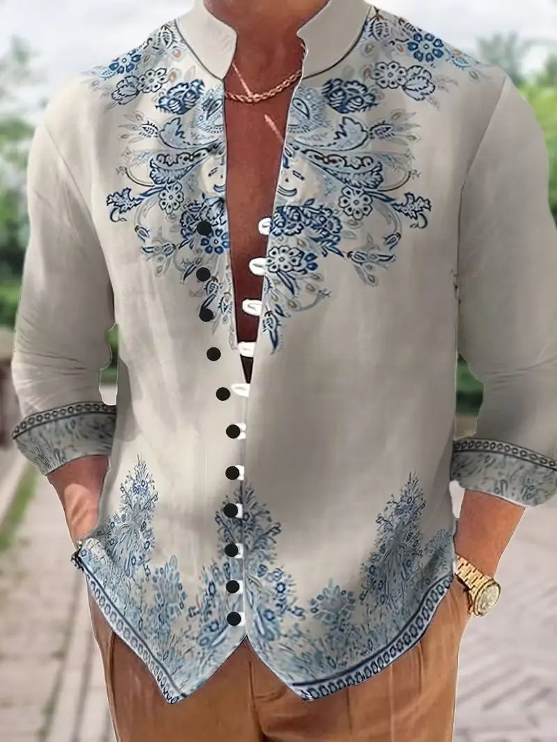 Men's Ethnic Embroidery Long Sleeved Shirt with Red and Black Floral Pattern, Comfortable and Fashionable Linen Long Shirt