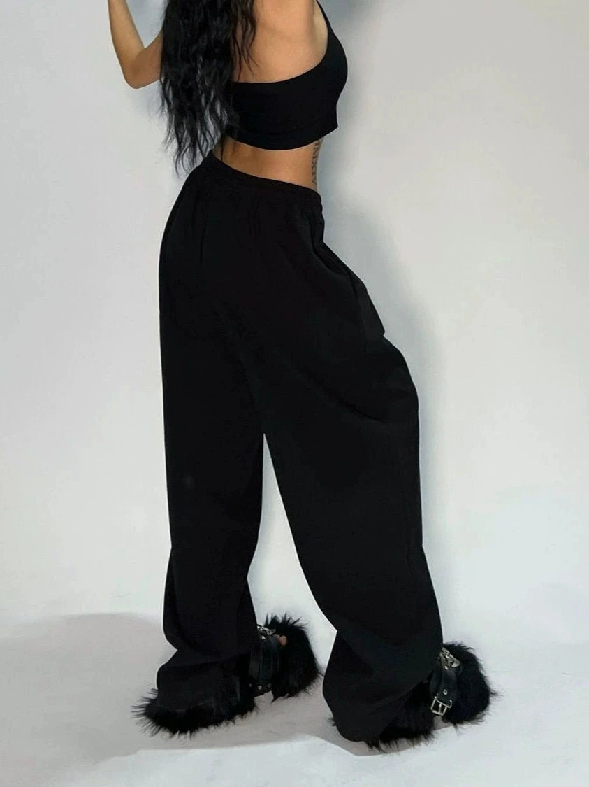 Women Drawstring Elastic Waist Wide Leg Sweatpants Solid Color Loose Baggy Jazz Dance Streetwear Casual Daily Jogger Pants