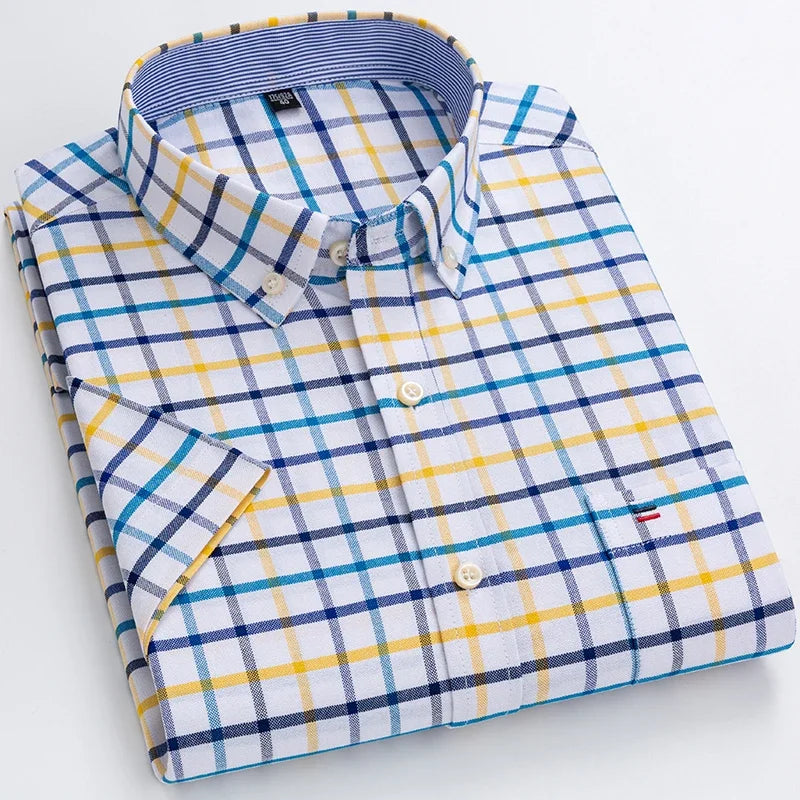 2025 100% Pure Cotton Men's Oxford Short Sleeve Square Collar Soild Plaid Striped Summer Casual Shirts Single Pocket  Shirt