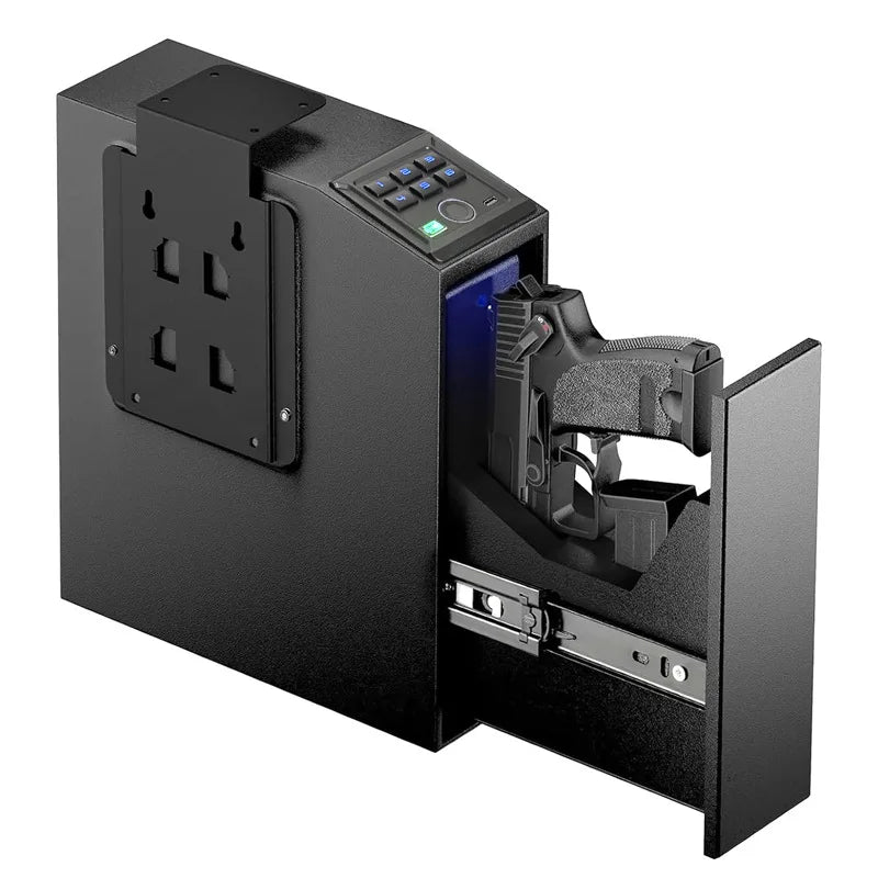 New Pistol Safe Box Blue Light Silent Fingerprint Password Key Push Pull Wall Mounted Gun Safe