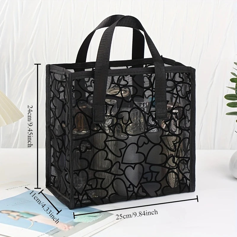 Black Mesh Heart Pattern Tote Bag - Light,Breathable for Travel & Beach with Double Handles, Makeup Storage, Oversized Beach Bag