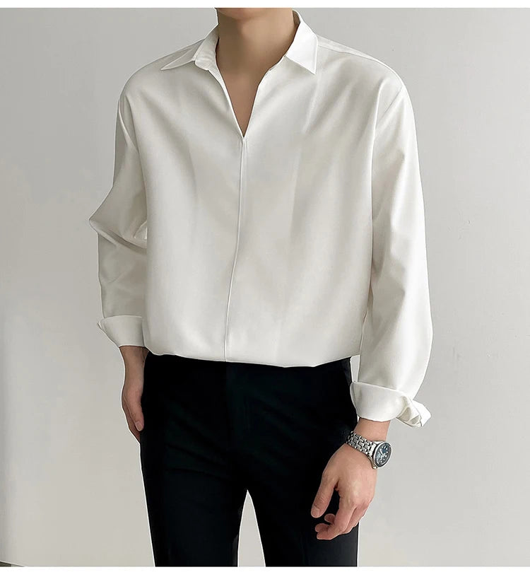 New Korean V Neck Men Shirts Luxury Casual Drooping Style Slim Solid Color Long Sleeve Pullover Blouse High Quality Autumn Tops