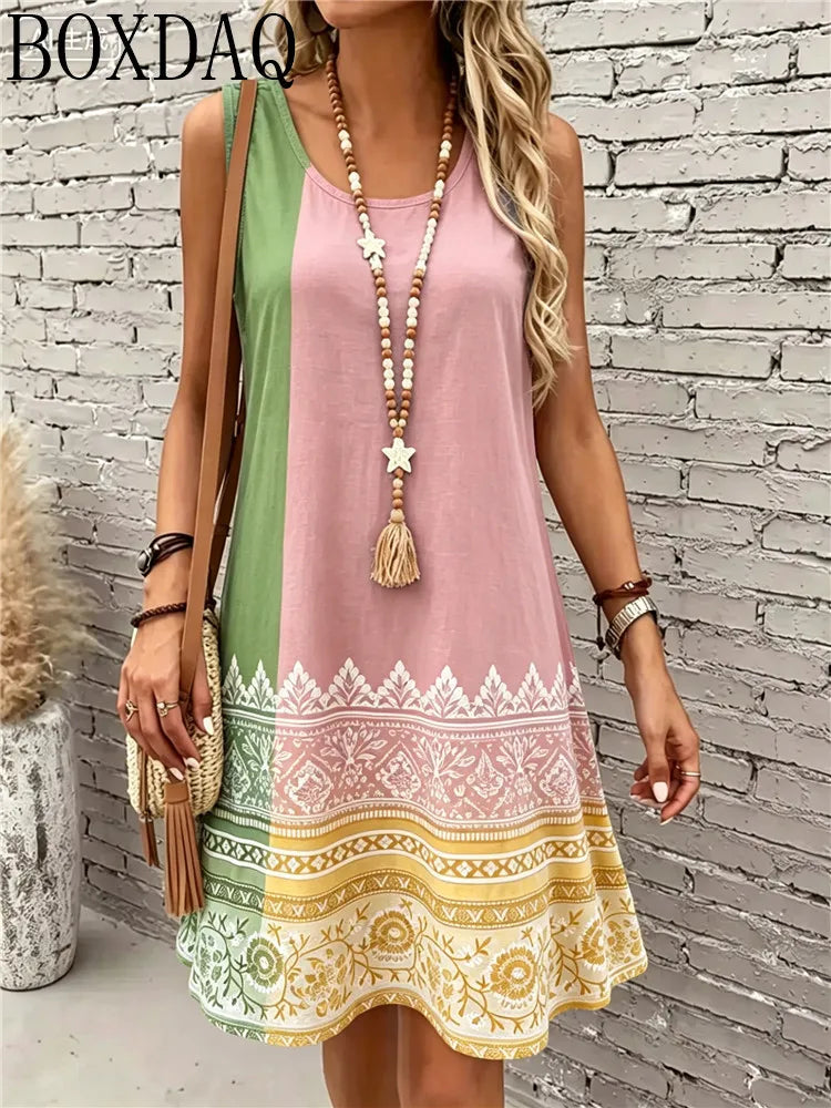 Women's New Summer Round Neck Sleeveless Loose A-Line Flower Multi-Color Printed Fashionable and Elegant Party Dress