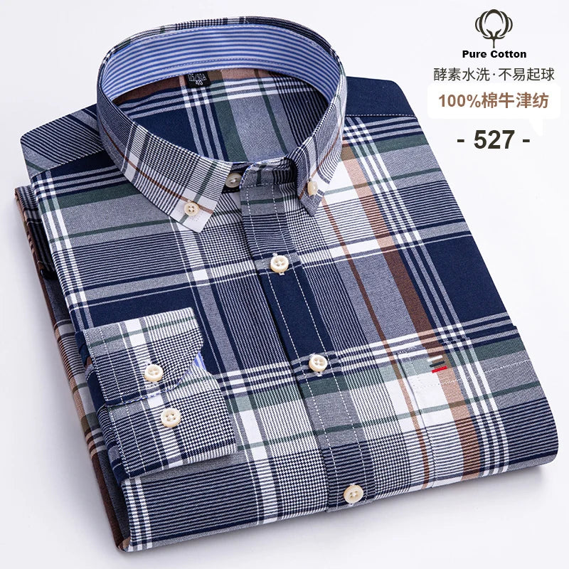 2024 Fashion Men Work Business Brand Shirt Mens Plaid Cotton Casual Dress Shirts Slim Fit Long Sleeve Button Down  Chemise Homme
