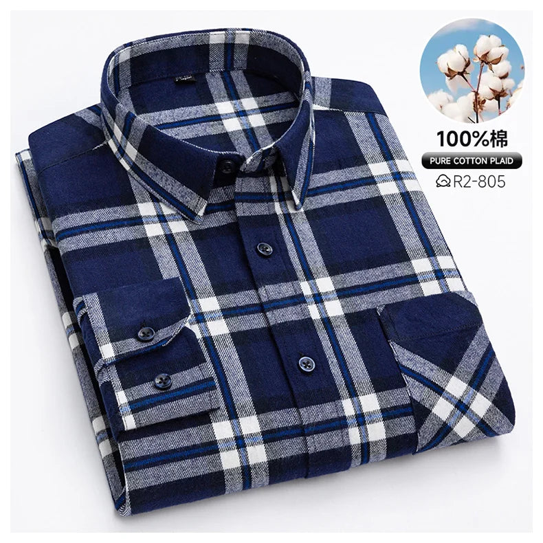 Classic Retro Plaid Flannel Shirt Long Sleeve 100% Cotton Fashion Casual Soft Spring Autumn Winter Standard Pocket Men's Shirt