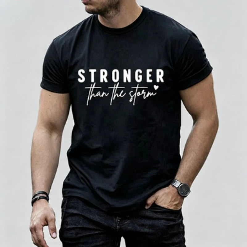 Inspirational Men  T‑Shirt, Slim  Crew Neck Tee, STRONGER than the storm Lettering Print Positive Mind Casual Short Sleeve Top