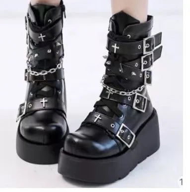 New Gothic Style Platform Vampire Cosplay Women Mid-calf Boots 2026 Winter Wedges Comfy Women Motorcycle Boots Shoes