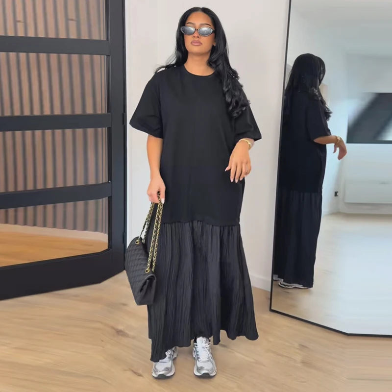 Solid Color Loose Fit Flare Sleeve Tiered Dress Crew Neck Ruffle Hem Pleated Long Maxi Dresses 2026 Spring Chic Casual Outwear