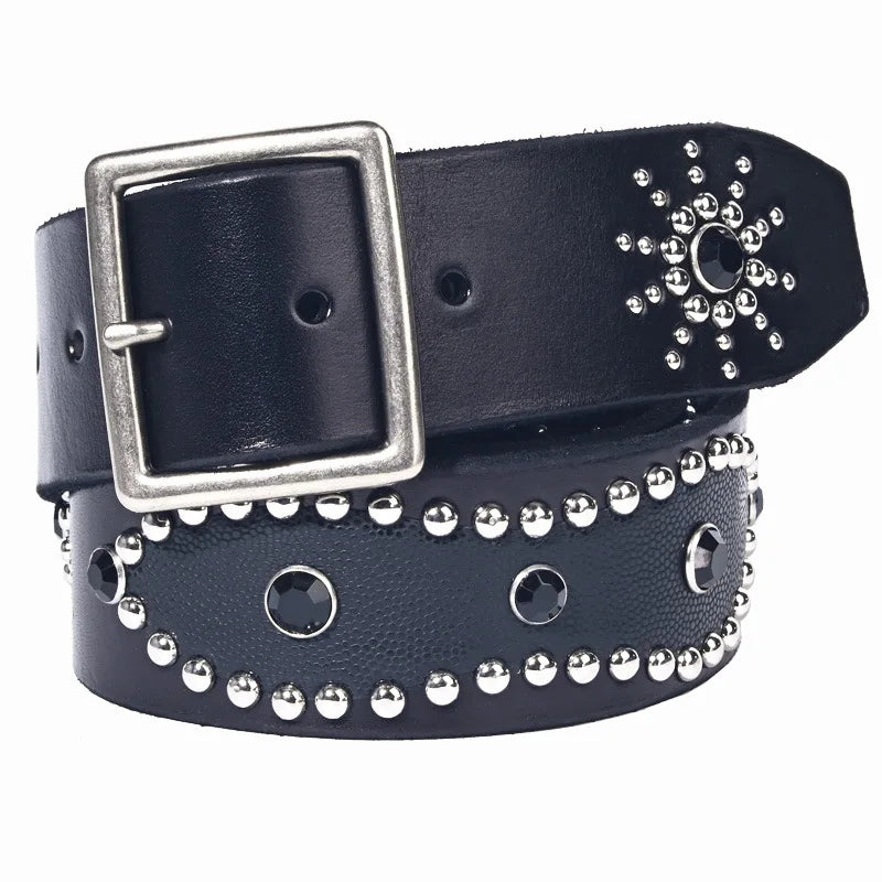 Men's Fashion 4.5cm Wide Genuine Leather Belt First Layer Cowhide Imitation Turquoise Inlay Rivet Punk Belt For Jeans