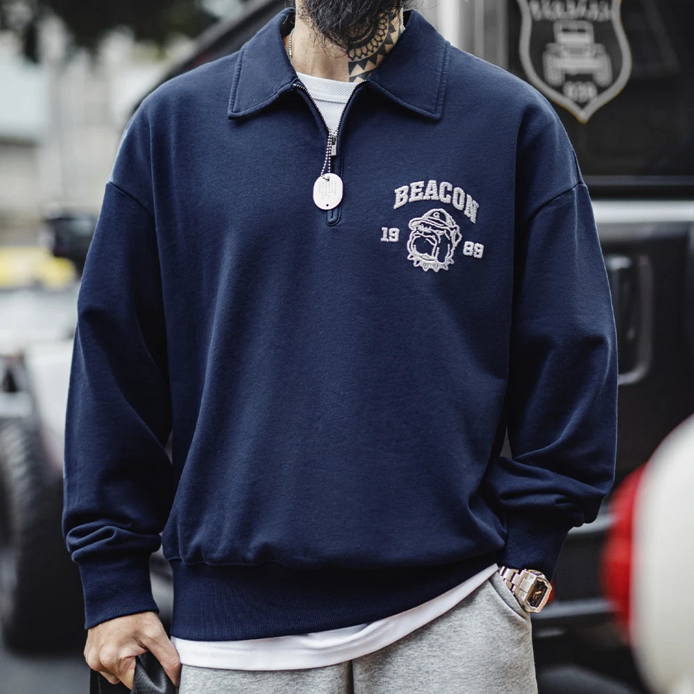 Maden Vintage Men's Long Sleeve Embroidered Sweatshirt with Letters Half-open Front Casual Hoodie Turned-up Collar for Spring