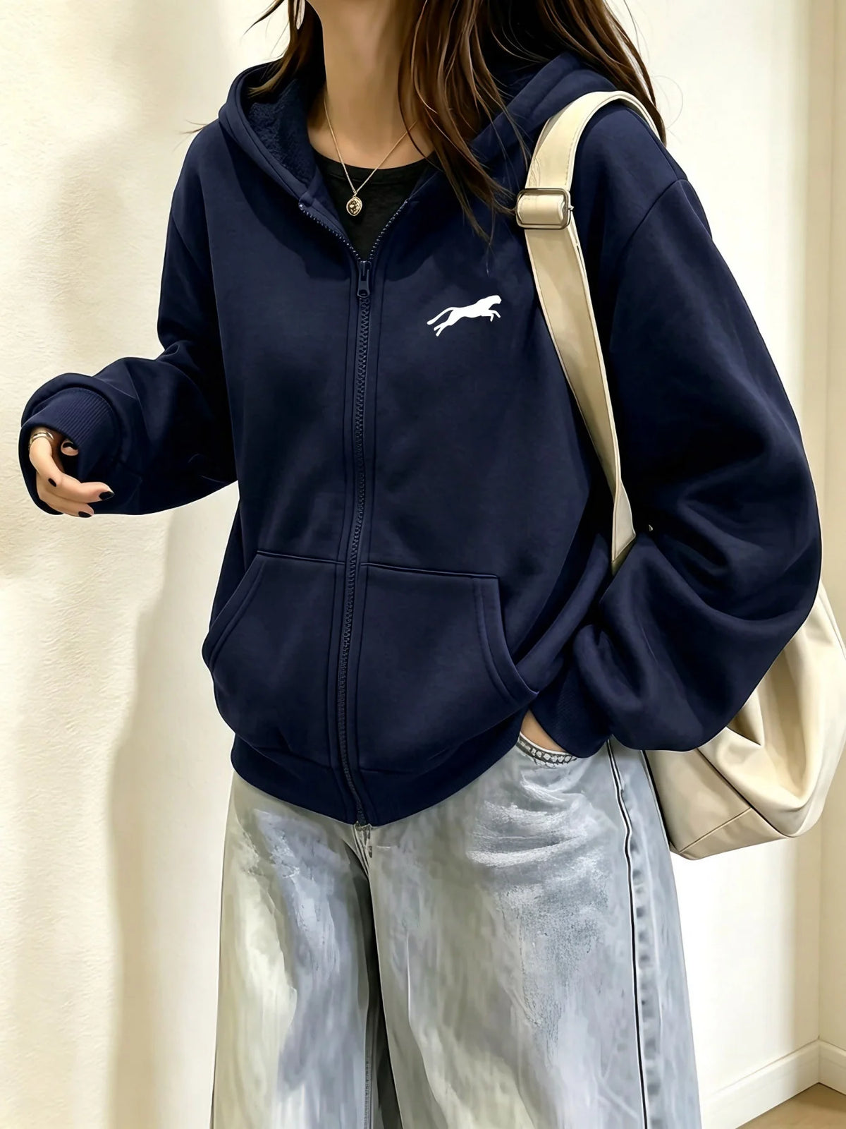 Women Apricot Running Leopard Silhouette Print Zip Up Hoodie Animal Graphic Full Zip Sweatshirt Kangaroo Pocket Casual Streetwea