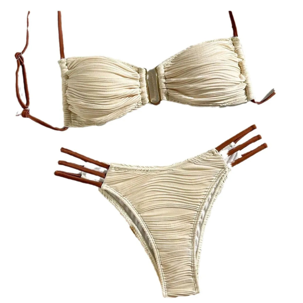Women Color Block Bikini Set Swimsuit Metal Ring Front 2 Piece Bathing Suit Strappy High Cut Swimwear for Beach Pool Holiday