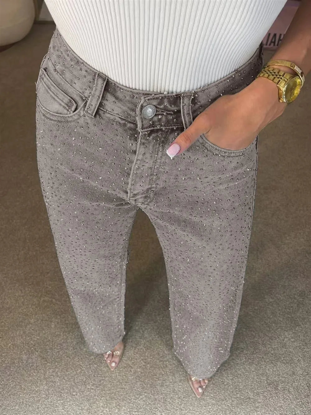 Sexy High Waist Straight Leg Women's Jeans Diamond Washed Cotton Blend Long Pants Trendy Fashionable Ladies Premium Denim
