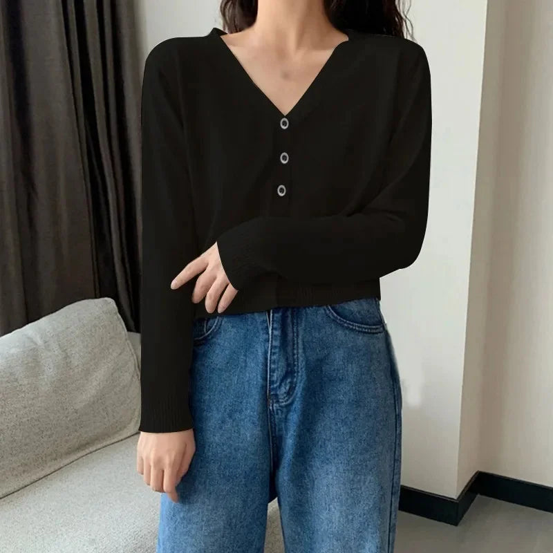 2025 Women's Long Sleeve Cropped Cardigan V Neck Button Down Knit Lady Autumn Spring Knitted Single-breasted Cardigan Sweaters