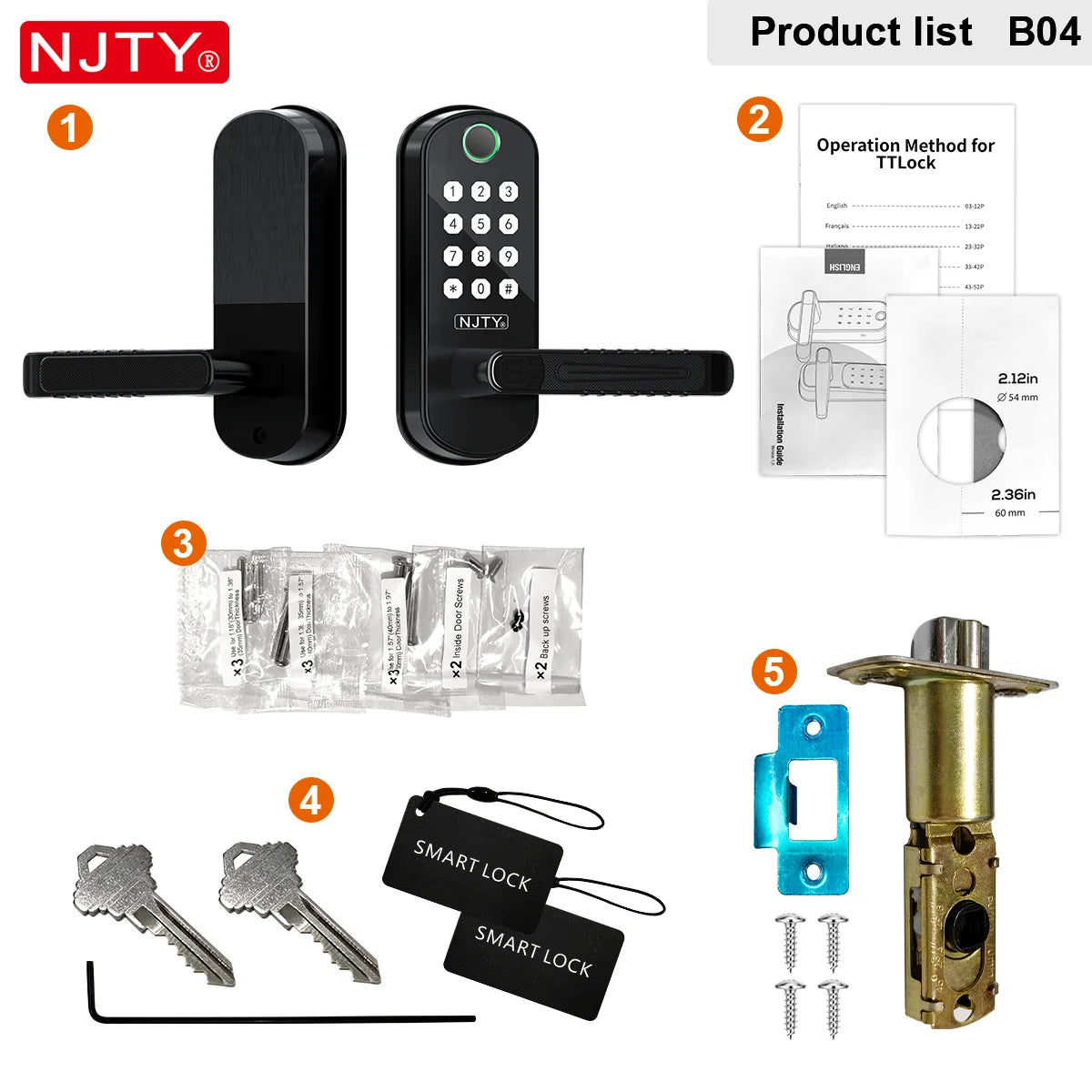 NJTY Fingerprint Door Lock Unlock by Fingerprint/Card/App/Password/NFC/Key Anti-Theft Electronic Door Lock for Bedroom/Outside
