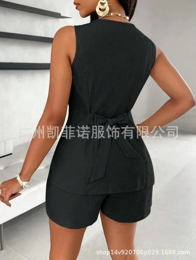 Women Fashion Casual Shorts Set Summer Vest Top Button Solid 2 Pieces Set Lace-up Pant Suits Womens Clothing Office Holiday 2025