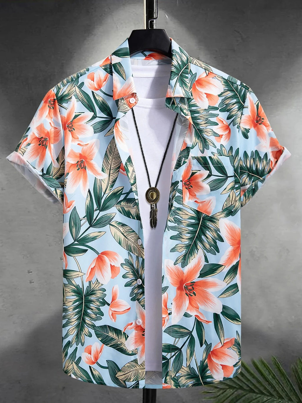 Men's Hawaiian Botanical Flower Print Men's and Women's Short-Sleeve Shirts Men's Lapel Seaside Button-Down Casual Men's Shirts
