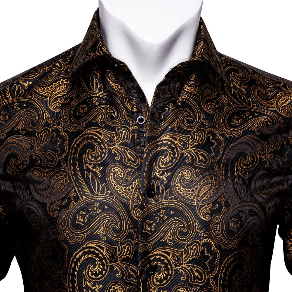 Gold Paisley Bright Shirts Men Autumn Long Sleeve Casual Flower Shirts For Men Designer Fit Dress Shirts BCY-07