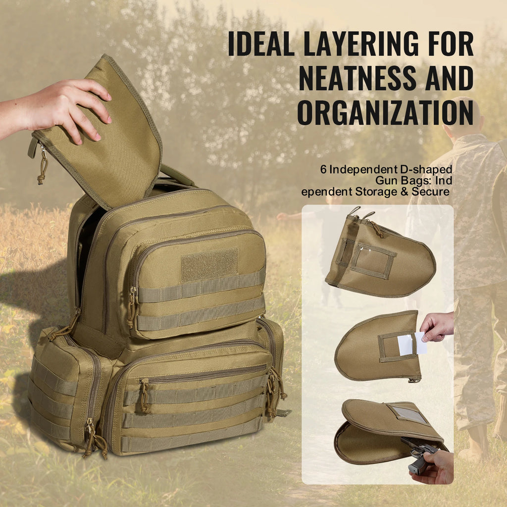 SucceBuy Tactical Range Backpack 2/6 Pistols Gun Backpack with Independent Pistol Bags and Magazines Pistol Backpack for Outdoor