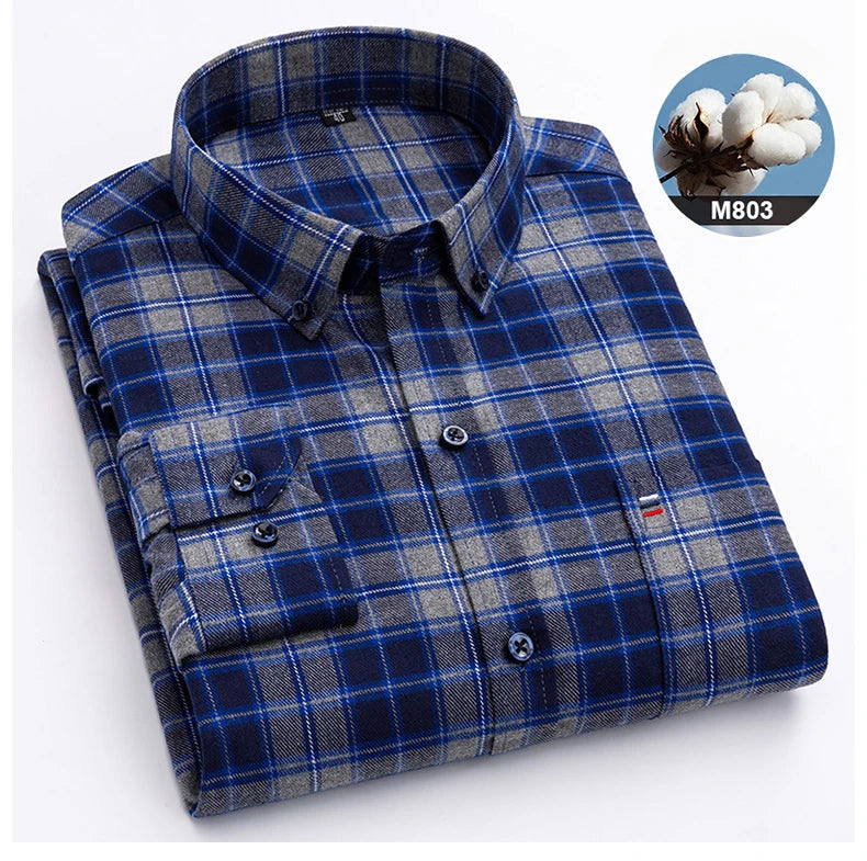 New in ShirtPlus Size 7XL 100% Cotton Sanding Long-Sleeve Shirts for Men Slim Fit Plain Shirt Striped Plaid Single Pocket Clothe