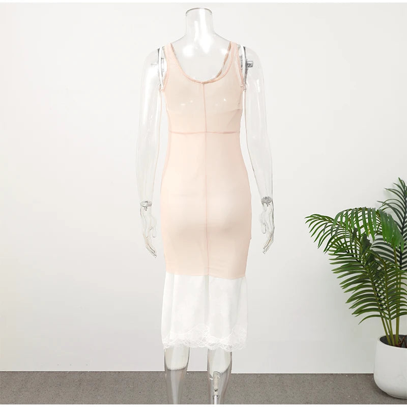 Women Sheer Mesh Overlay Midi Dress Waist Cinched Sleeveless Spaghetti Strap 2026 Summer Accessories Trendy Classy Lady Outfits
