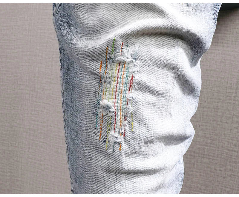 Streetwear Fashion Men Jeans Retro Light Blue Elastic Slim Fit Ripped Jeans Men Embroidery Designer Vintage Casual Denim Pants