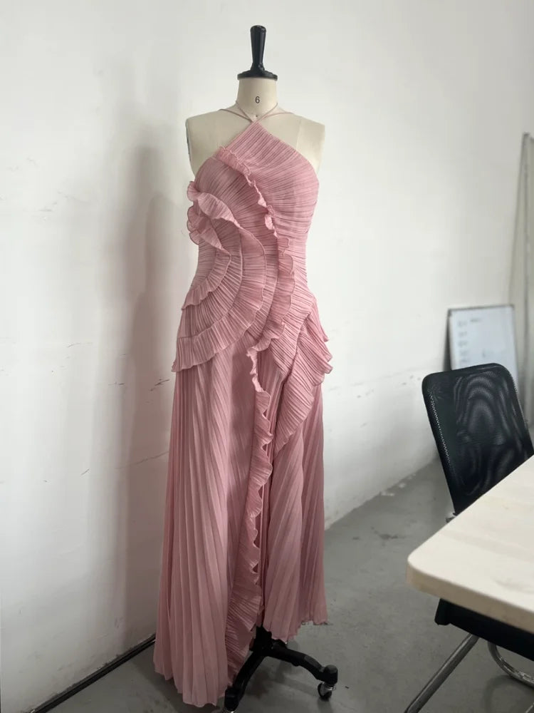 Bohemian Blue Pleated Halter Maxi Dress Women Gentle Sleeveless Asymmetric Ruffles Vestido Romantic Dinner Date Night Gowns 2026