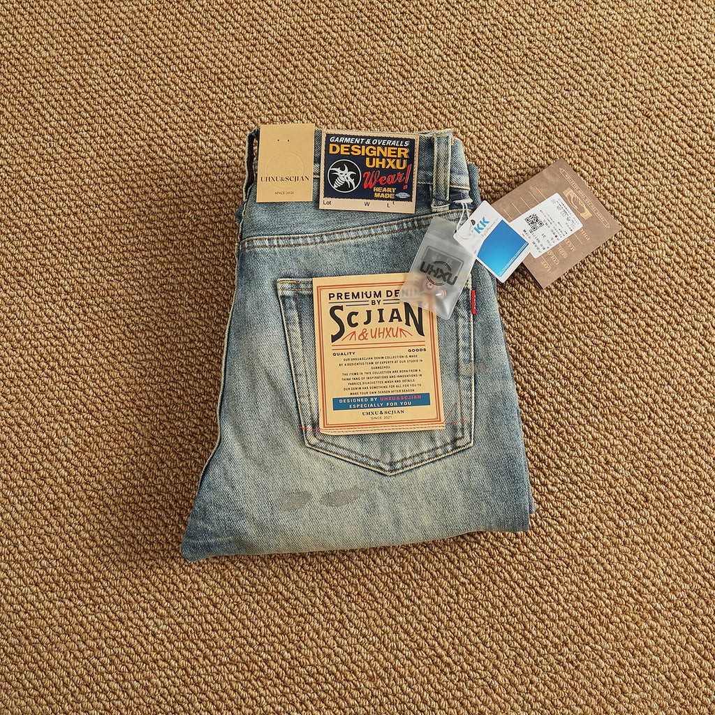 2025 Autumn New American Retro Heavyweight Ripped Denim Men's Fashion 100% Cotton Washed Old Straight Tapered Casual Jeans