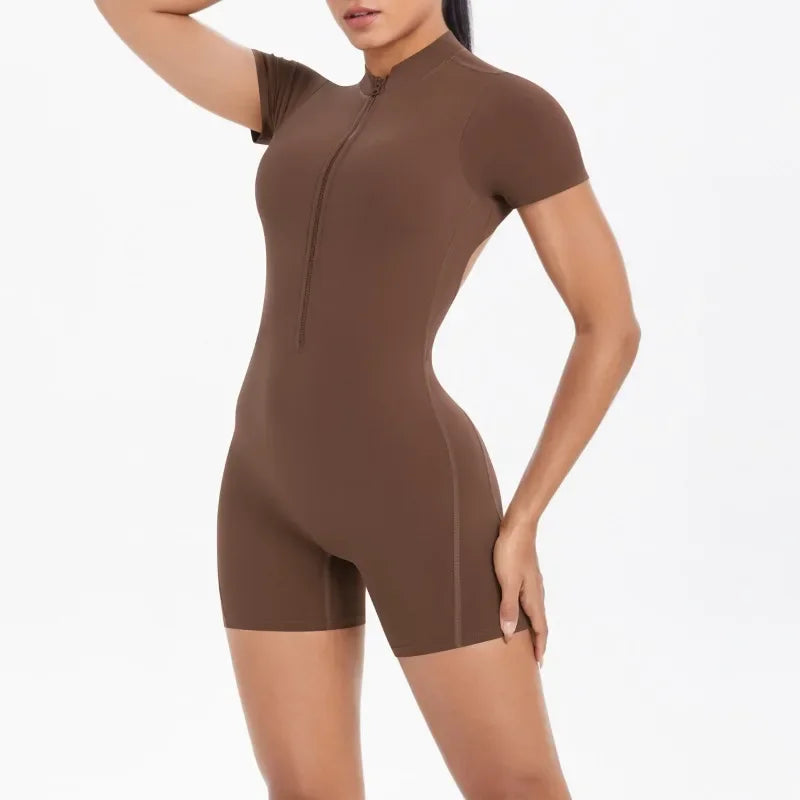 Women's Seamless Yoga Jumpsuits Sports Fitness Zipper Open Back Breathable One-Piece Bodysuits for Gym Running Fitness Workout