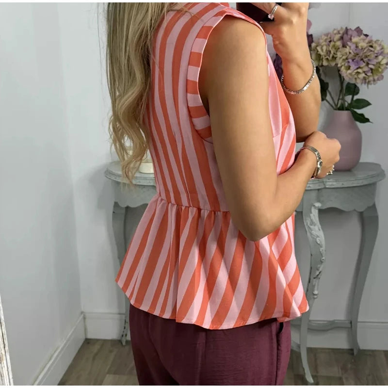Striped Mandarin Collar Frog Button Ruffle Trim Top Striped Single‑breasted 2026 Summer Women Blouse Versatile Casual Lady Top