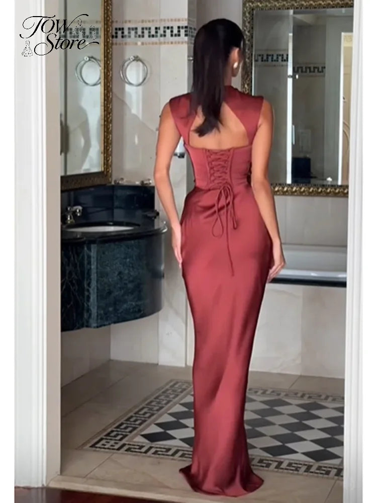 Solid Satin Cowl Neck Women's Dress Elegant Sleeveless Ruched Waist Fishtail Bodycon Lady Vestido 2026 Summer Party Dresses