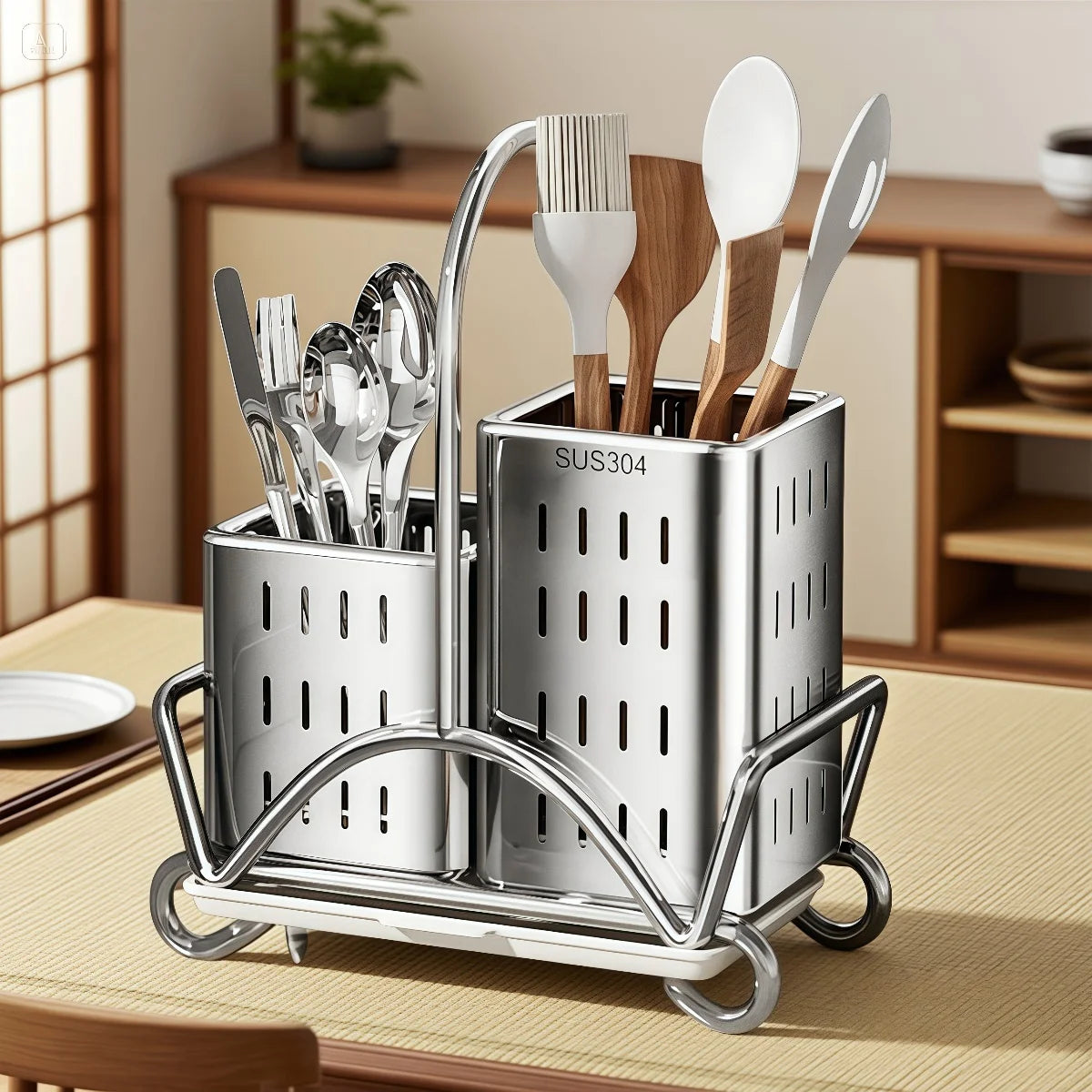 Kitchen Cutlery Organiser, Stainless Steel Utensil Holder for Spoon Fork Knife, Multifunctional Desktop Tableware Storage Rack