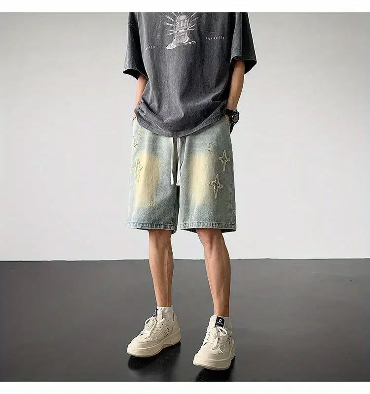 Embroidered Denim Shorts Men's Summer American Retro Street Five-point Pants Trendy Brand Trendy Loose