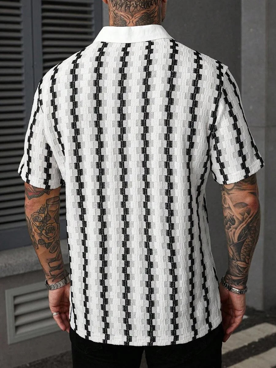 Classic Plaid Striped Knitted Shirt Men Summer Short Sleeve Button Down Turn-down Collar Vintage Slim Fit Knit Cardigan Tops