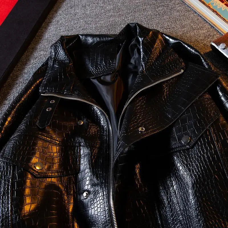 Gmiixder Functional Imitation Crocodile Leather Jacket Men's Spring Autumn American Retro High Street Motorcycle Leather Coat