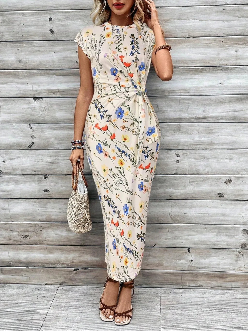 Retro leopard print dress with round neck covered sleeves twisted sides waist cinching, slim fit, hip hugging women's clothing