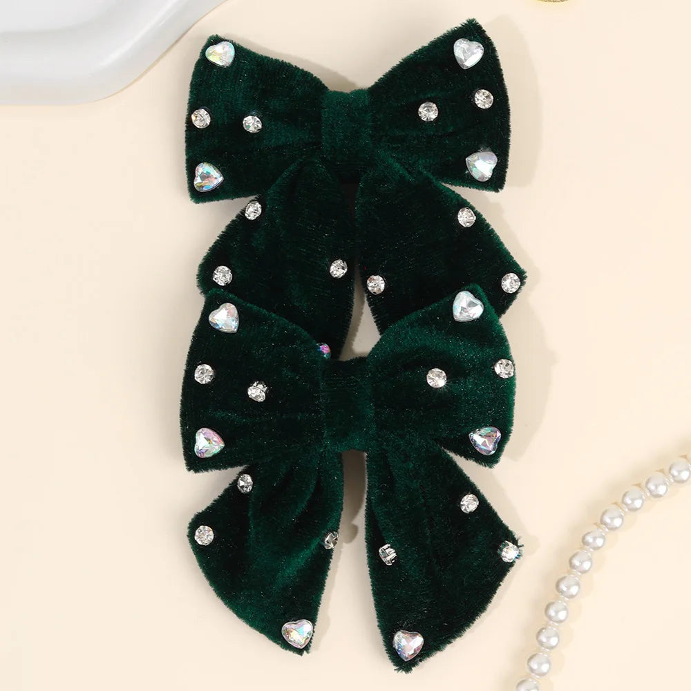 2Pcs Girls Velvet Bow Hair Clips Elegant Heart Shape Rhinestones Hairpins Vintage Burgundy Barrette Fall/Winter Hair Accessories