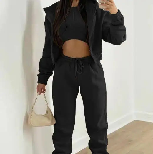 Ladies Tracksuit Zippered Hooded Jogger Tracksuit Thermal Lined Trousers Tracksuit Fashionable Athleisure Cozy Ensemble