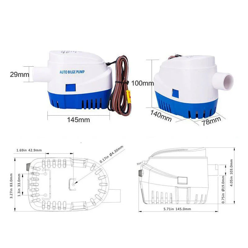 Automatic Boat Submersible Bilge Pump 12V 24V Volt DC Electric Marine Water Pump Small Auto 6500GPH 750GPH 1100GPH With Switch