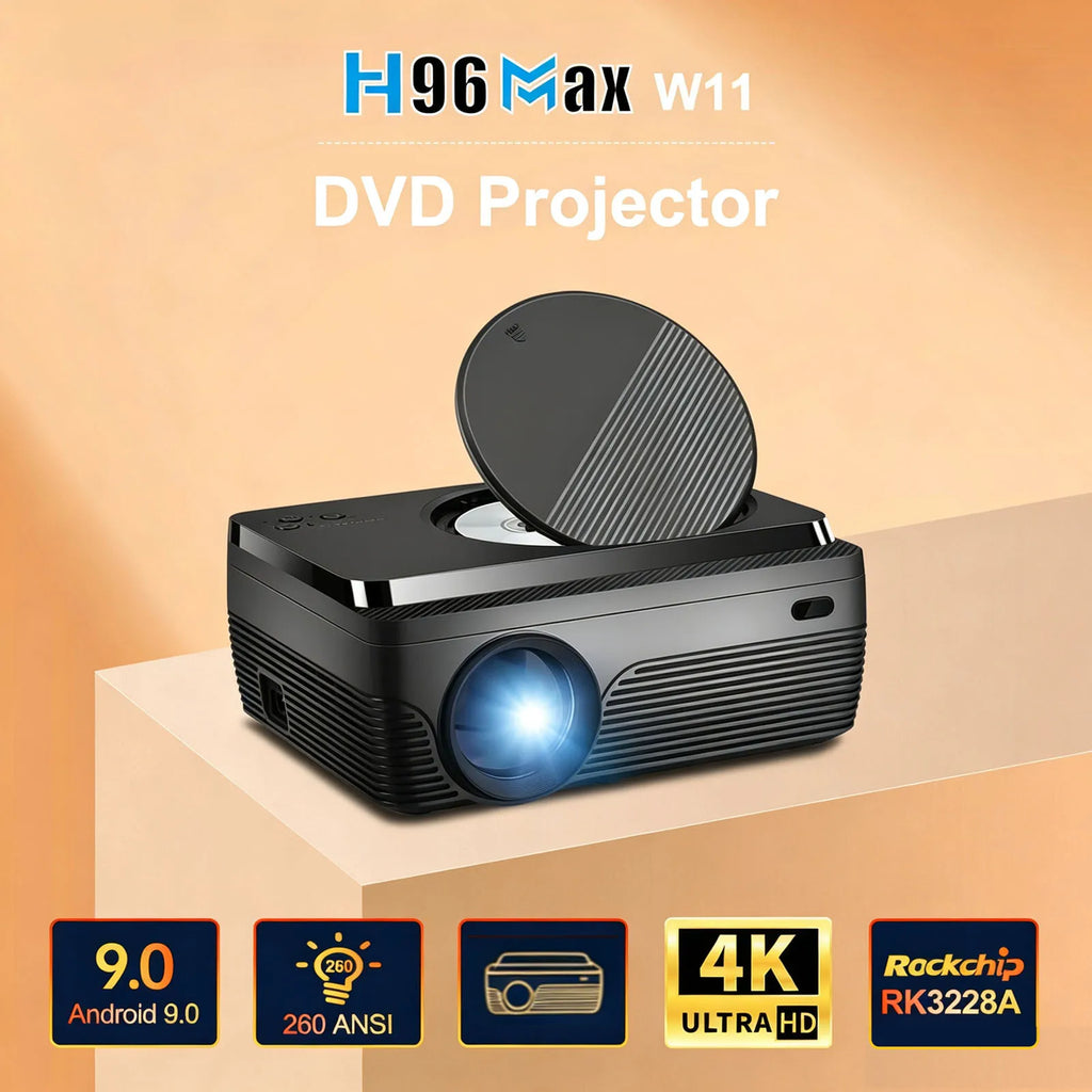 2026 H96 MAX W11 DVD Projector 1920X1080P LED Android 9.0 4K 2G 16G RK3228A 260ANSI Dual WIFI BT4.1 Outdoor Portable Home Cinema