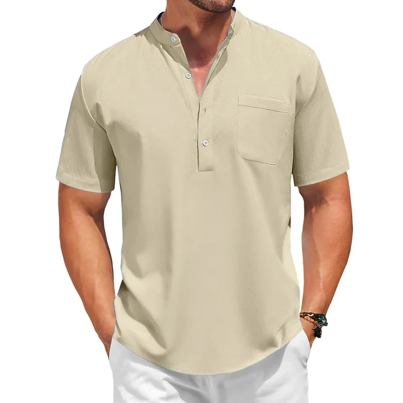 Mens Casual Henley Shirt Summer Short Sleeve Band Collar Cotton Tops Beach Hippie  Tee with Pockets Outdoor Streetwear for Men