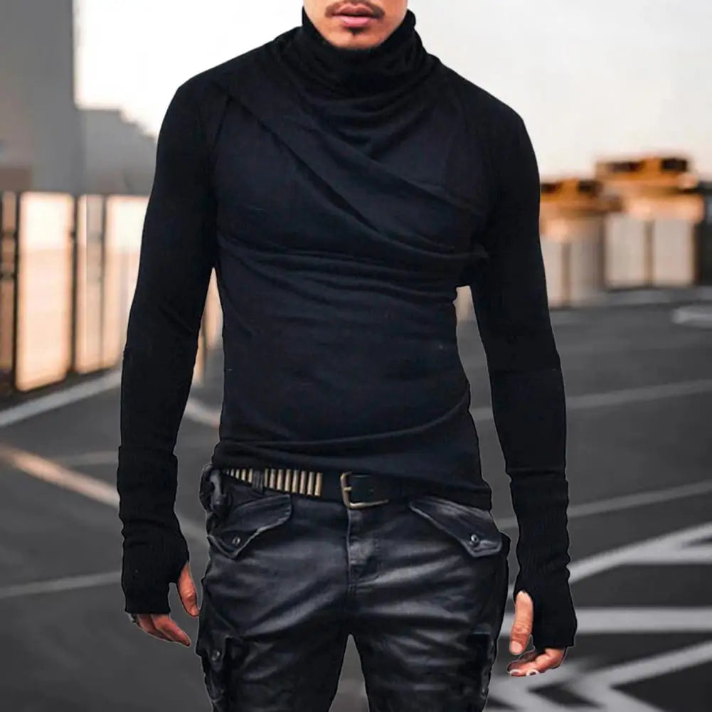 Spring Autumn Men Top Slim Fit Casual Men Pleated Collar Shirt Stretchy Long Sleeves Pullover Sweatshirt for Sports Street Wear