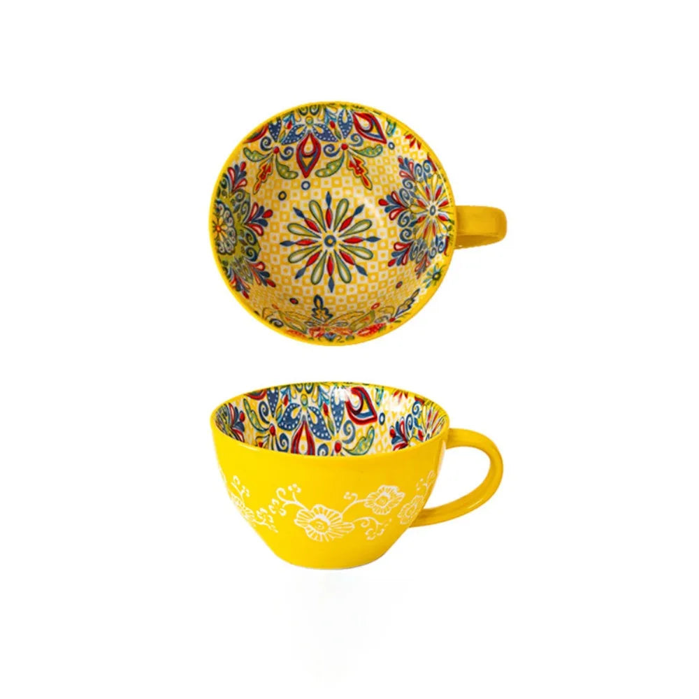 Creative Ceramic Bohemian Breakfast Cup Retro Flower Pattern Coffee Mug Microwaveable Large Capacity Milk Cup Friend Gift