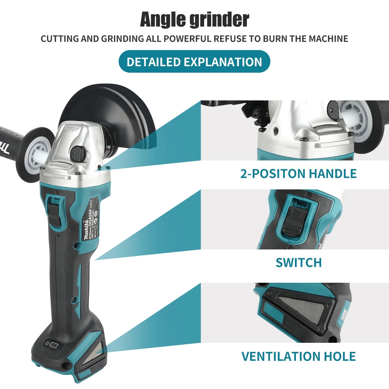 Makita DGA504 18V Brushless Lithium Electric Angle Grinder Rechargeable Polishing Machine Cutting Machine High Power